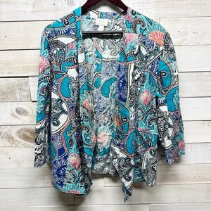 Chicos Linen Jacket Womens 3 US XL Blue Paisley Open Front 3/4 Sleeves Lagenlook